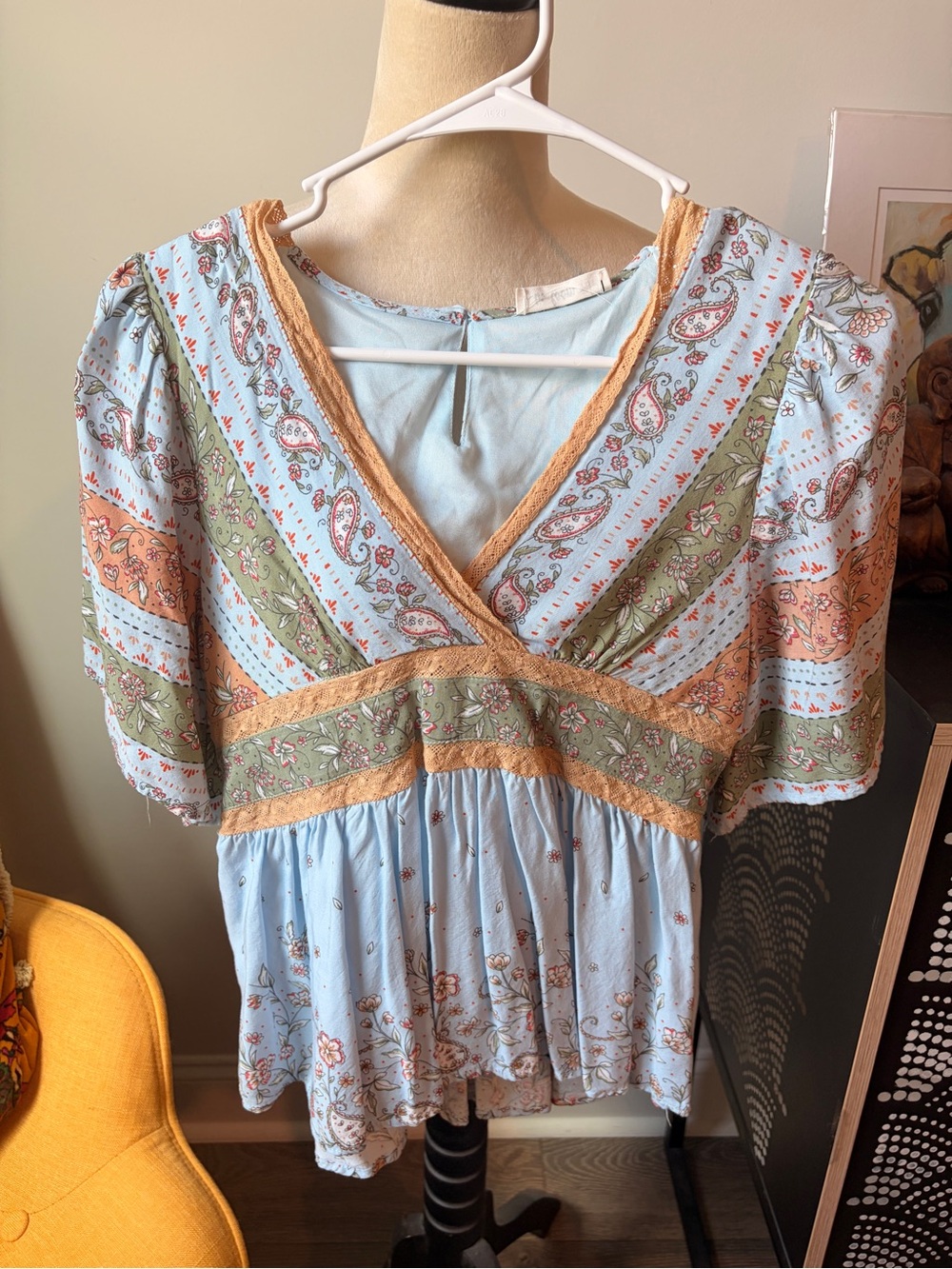 In Bloom Light Blue Floral V-Neck Tunic with Peach & Sage Trim